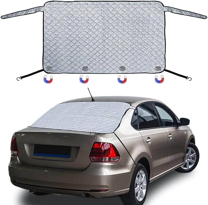 Car Rear Windshield Snow Ice Cover, Windproof Rear Windscreen Snow Cover with 2 Elastic Hooks, 4 Magnets, All-Weather Waterproof Winter Ice Frost Snow Protector for Most Sedans Cars