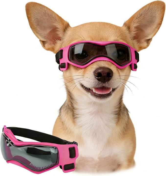 Enjoying Dog Sunglasses Small Breed, Dog Goggles UV Protection, Cycling Eye Protection for Small Dogs, Outdoors Breathable Windproof Dustproof Anti-Fog, Adjustable Straps, Cool Pink