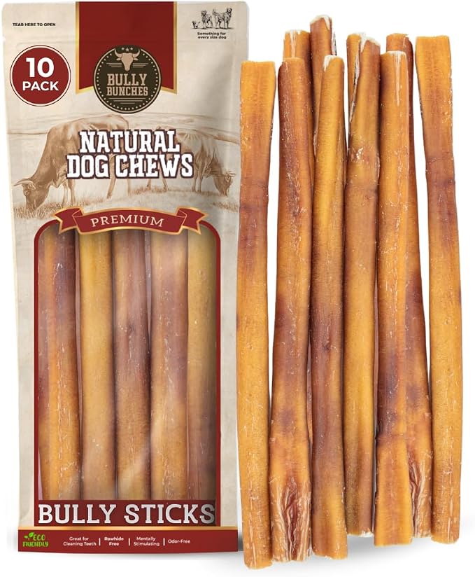 Premium (12" Standard - 10 Pack) Odor-Free Bully Sticks for Medium & Large Dogs - Consistently Sized Long-Lasting, Natural, Single-Ingredient 100% Beef Chews for Oral Health, Made in USA