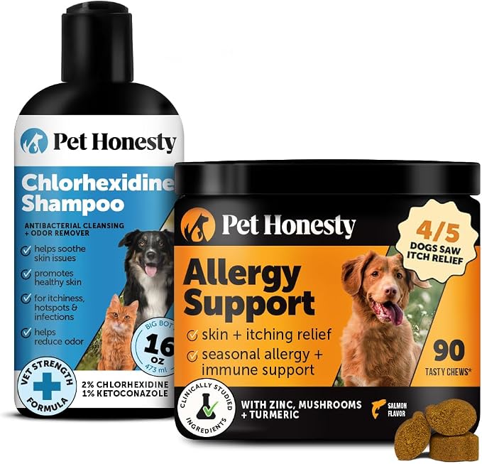 Chlorhexidine Shampoo + Allergy Support Soft Chew Virtual Bundle - All-Natural Dog Vitamins, Fish Oil for Dogs, Omega 3 for Dogs, Itch Relief, Shiny Dog Coat, Dog Shampoo for Allergies