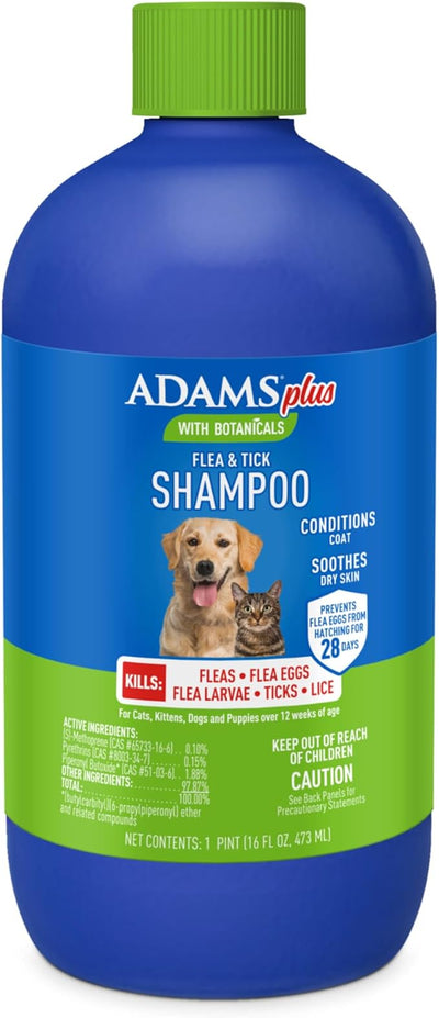 ADAMS Plus Botanicals Flea & Tick Shampoo with Precor for Dogs, Cats, Puppies & Kittens, Flea Shampoo to Treat Infestations, Kills Eggs & Lice, Cleans and Conditions Coat, Plant-Based, 16 Ounces