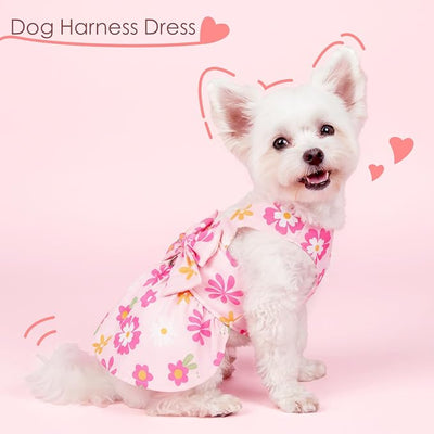 Dog Dress Harness Dresses Leash Set for Small Dogs Cute Girl Dog Clothes with Bowknot Puppy Outfits for Shih Tzu Yorkies Chihuahua (Medium, Floral)