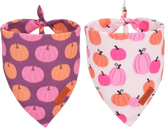 Fall Dog Bandana, Pink Pumpkin Design Reversible Holiday Dog Scarf, Triangle Thanksgiving Bandanas for Large X-Large Dogs (X-Large)