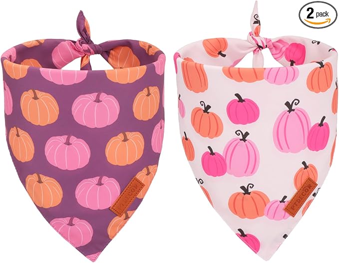 Fall Dog Bandana, Pink Pumpkin Design Reversible Holiday Dog Scarf, Triangle Thanksgiving Bandanas for Medium Large Dogs Pets (Large)