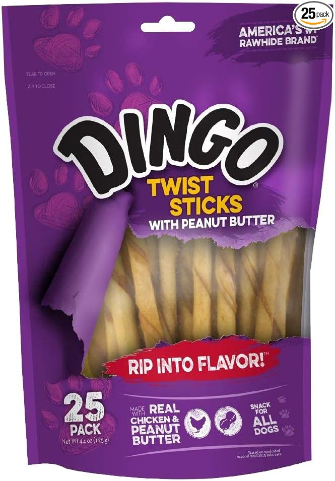 Twist Sticks with Peanut Butter; Rawhide Treats for Small, Medium, and Large Dogs 25-Count