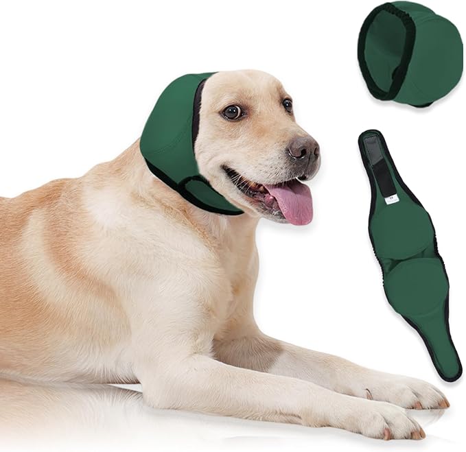 Dog Ear Cover for Hematoma,Bathing,Grooming,Drying,Fashion No Shake Ear Wraps for Dogs Ear Muffs Noise Protection Anxiety Relief,Waterproof Dog Calming Hoodie Shower Cap(Green,M)