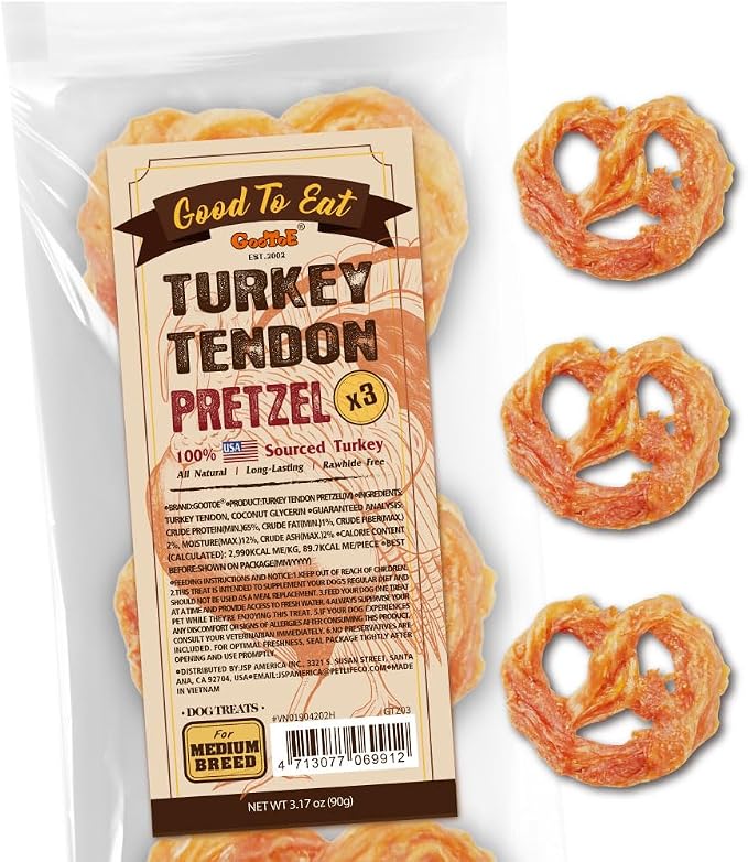 Turkey Tendons for Dogs –All-Natural, Hypoallergenic Dog Treats, Rawhide Alternative, Long Lasting Puppy Chews, Healthy Dog Treats for Medium Breeds, Pretzel (M), 3 Count Pack