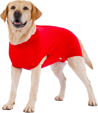 LovinPet Dog Recovery Suit, Easy Snap-Back Cover for Large Dogs, Bodysuit for Female Dogs, Solid-Color Surgery Suit with Cushioned Belly Panel, Red, L