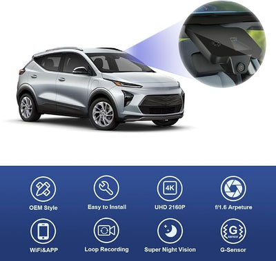 Fitcamx 4K Dash Cam Suitable for Chevy Bolt EV & EUV LT Premier 2022-2024 (HD2-4267) has Auto-Dimming, OEM Look, UHD 2160P Video, Built-in WiFi & APP, Loop Recording, G-Sensor, Plug & Play, 64GB Card