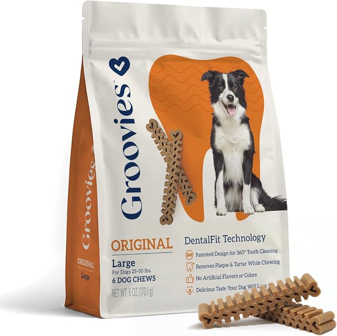 Dog Dental Treats, Flexible Yet Effective, Patented DentalFit Technology to Help Control Tartar & Freshen Breath, Large Dog Chews (25-50 lbs), USA Manufactured Oral Care, 6 Count