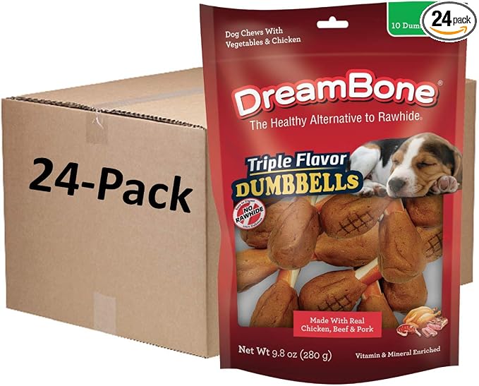 Triple Flavor Dumbbells with Chicken 10 Count, Rawhide-Free Chews for Dogs (Pack of 24)
