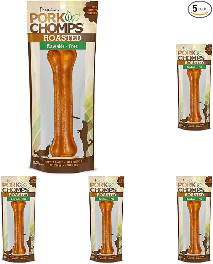 Pork Chomps Roasted Pressed Pork Skin Dog Chew, 7-inch Bone, 1 Count (Pack of 5)