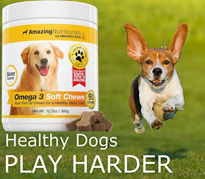 Amazing Omega 3 for Dogs - Fish Oil for Dogs Supplement 90 Bacon Soft Chews - Itchy Skin, Dry Skin, Shedding & Coat Support - Omega Fatty Acids EPA DHA - Made in USA