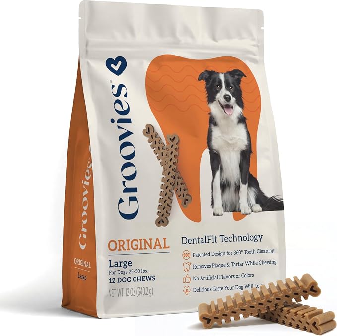 Dog Dental Treats, Flexible Yet Effective, Patented DentalFit Technology to Help Control Tartar & Freshen Breath, Large Dog Chews (25-50 lbs), USA Manufactured Oral Care, 12 Count