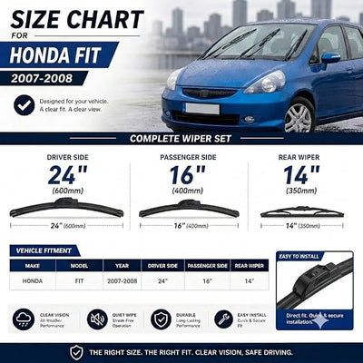 AERO Wipers OEM Replacement for Honda Fit 2007-2008, 24"+16" Front + 14" Rear, Windshield Wiper Blades with Extra Squeegee Refills (Set of 3)