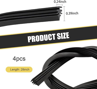 4 PCS 28" Silicone Frameless Wiper Blade Refill, Waterproof Boneless Wiper Inserts, Windshield Rubber Strip Replacement, Universal for Most Cars, Trucks, SUVs (Black)