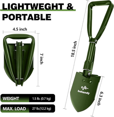 18.5" Folding Shovel, Tri-Fold Collapsible Shovel for Car, Camping Shovel, Military Entrenching Tool for Gardening, Camping, Digging Dirt, Sand, Snow, Off Road, Portable Car Emergency kit