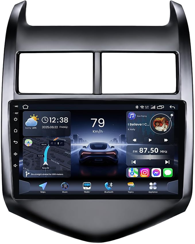 4 + 64G ROM Android 15 Car Radio for 2012-2016 Chevy Aveo Sonic: 9" QLED HD IPS Touchscreen Stereo, Wireless Carplay Android Auto 5G WiFi GPS FM 1080P Backup Camera SWC Bluetooth Voice Control