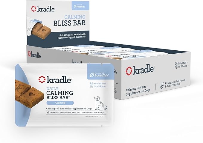 Bliss Bars for Dogs - Peanut Butter Flavored Calming - GABA L-Theanine - On The Go Packaging - Supports a Calm Demeanor - 12 Bars
