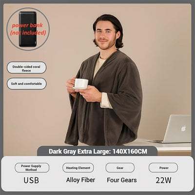Cordless Wearable Heated Throw Blanket – Large 63"×55" Battery Powered Plush Heating Throw, Dual-Sided Flannel, USB/DC Rechargeable Heated Blanket for Camping, Car, Office & Home (Dark Gray)