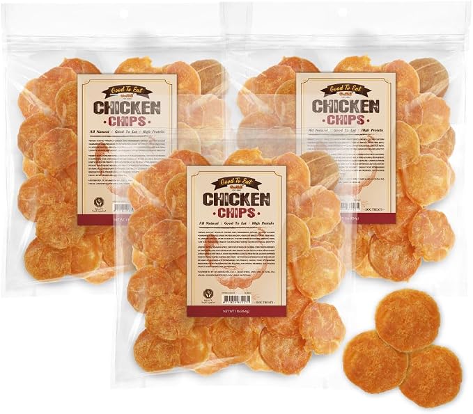 Dog Treats, Chicken Jerky for Dogs - Dog Training Treats; High-Protein, Gluten-Free, Hypoallergenic, Grain-Free, Chicken Chips, 1 lb (Pack of 3)