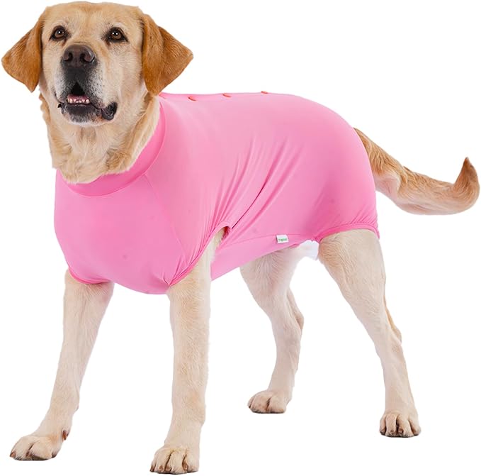 LovinPet Dog Recovery Suit, Easy Snap-Back Cover for Large Dogs, Bodysuit for Female Dogs, Solid-Color Surgery Suit with Cushioned Belly Panel, Pink, XL