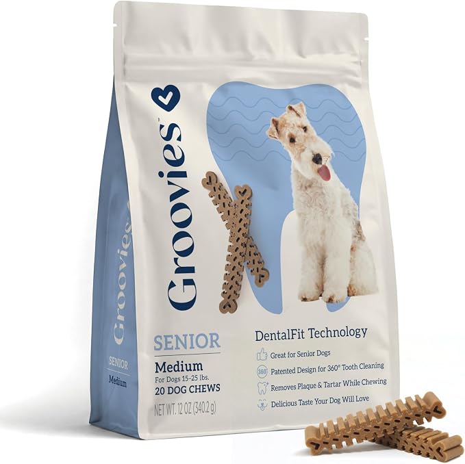 Groovies Senior & Gentle Chewers Dog Dental Treats, Flexible Texture, Patented Technology to Help Control Tartar & Freshen Breath, Medium Dog Chews (15-25 lbs), USA Manufactured Oral Care, 20 Count