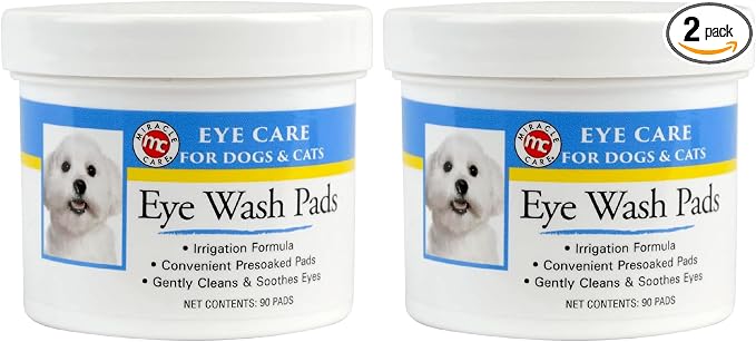 Miracle Care Eye Wash Pads,90 Use Pre-Soaked Pads to Gently Clean and Soothe Dog and Cat Eyes; Non Stinging Formula to Remove Eye Debris,(Pack of 2)
