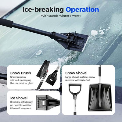 3 in 1 Car Snow Brush, Ice Scraper, Telescoping Snow Shovel with Sponge Grip ABS Stainless Steel Winter Tool (Ti-Black)