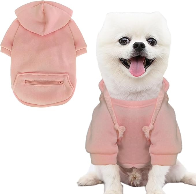 Jecikelon Dog Hoodies for Small Dogs with Zipper Pocket, Soft Fleece Puppy Clothes with Rope Hat, Warm Winter Outfits Cold Weather Coats, Cute Sweatshirt Chihuahua Costume (Pink, X-Large)