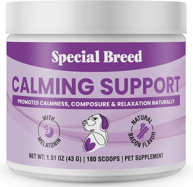 Calming Supplement for Dogs with Melatonin – Dog Calming Powder with Chamomile & Valerian Root – Supports Relaxation & Composure for Travel, Fireworks & Vet Visits - Bacon Flavor - 180 Scoops