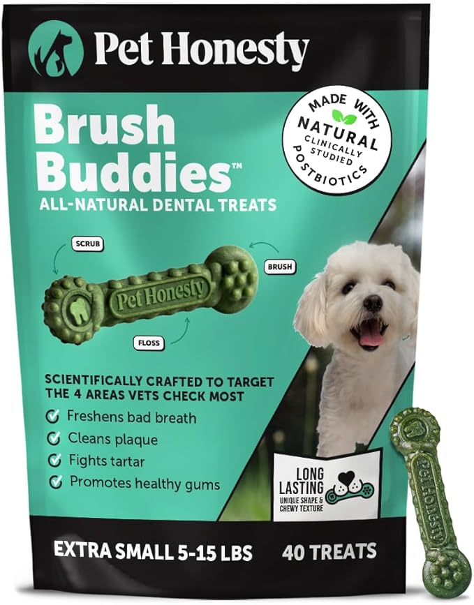 Brush Buddies Long Lasting Dog Dental Chews - All Natural Dental Sticks for Teeth Cleaning Plaque Off + Tartar Remover for Dogs - Dog Dental Treats + Breath Freshener - Extra Small Dogs (40 Count)