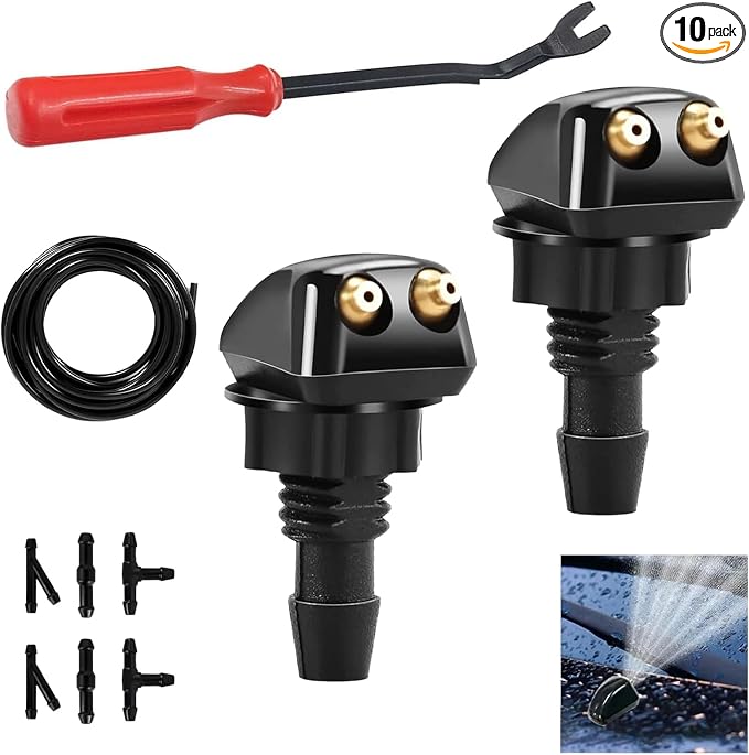 10 PCS Windshield Washer Nozzles Kit, Double-hole Windshield Wiper Spray, Front Rear Window Clean Kit with 2 Spray Nozzles + 6 Connectors + 6.56 FT Water Hose, for Most Cars (Multicolored)