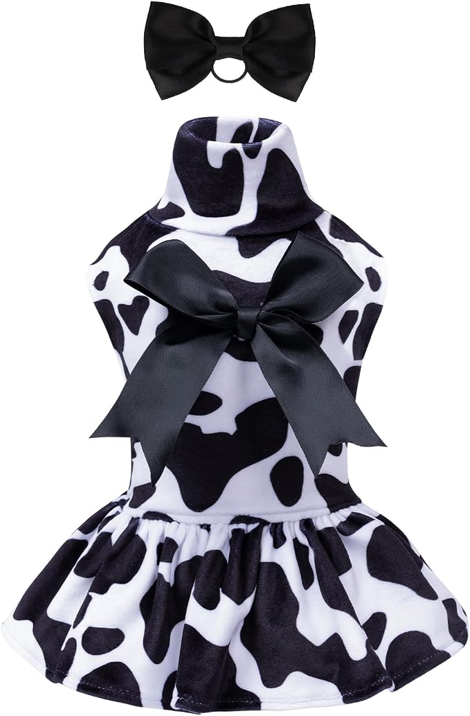 CuteBone Turtleneck Dog Velvet Dress Puppy Skirt Costume Pet Clothes Cat Apparel with Bow Hair Rope for Small Dogs CVD07M