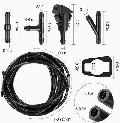 AUCELI 17 Pcs Set Windshield Washer Hose Kit, 12 Pcs Hose Connectors, 5M Washer Fluid Hose, 2 Fan Nozzles, 2 Rubber Gaskets, Connect Car Water Pump and Nozzles Suitable for Most Car