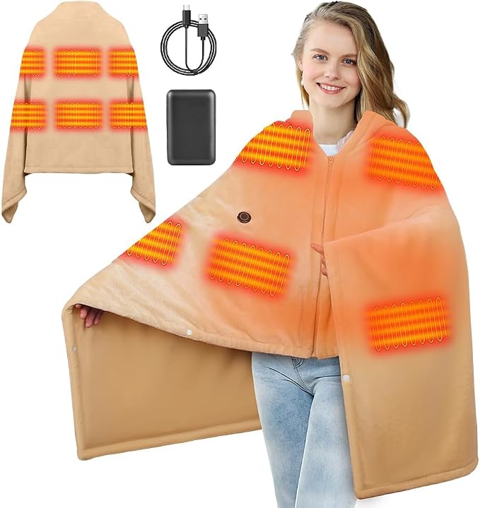 Heated Blanket Battery Operated 5V 10000mAh Battery 62" x 35" Portable Heated Shawl Wraps for Women Men Cordless Rechargeable Heated Blanket 3 Heating Settings 6 Heating Zones(Khaki)