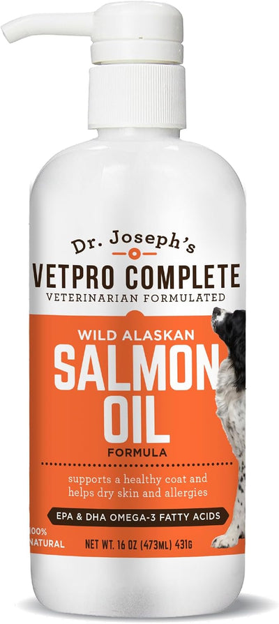 Dr. Joseph's VetPro Complete Wild Alaskan Salmon Oil Supplement for Dogs & Cats, 16 Ounces, Omega 3 & 6 Liquid Fish Oil, EPA + DHA Fatty Acids, Coat & Joint Support, Helps Dry Skin & Allergies