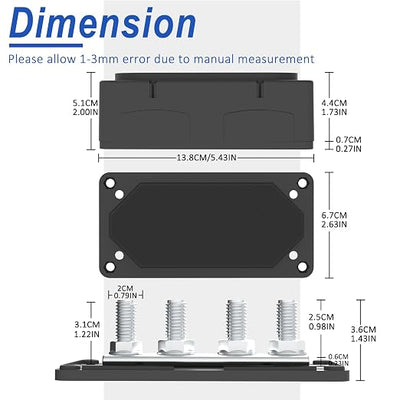 Heavy Duty Bus Bar 300A 12V Power Distribution Block with 3/8" (M10) 4-Posts Terminals Block with Cover for Automotive, Marine, Battery System (Black)