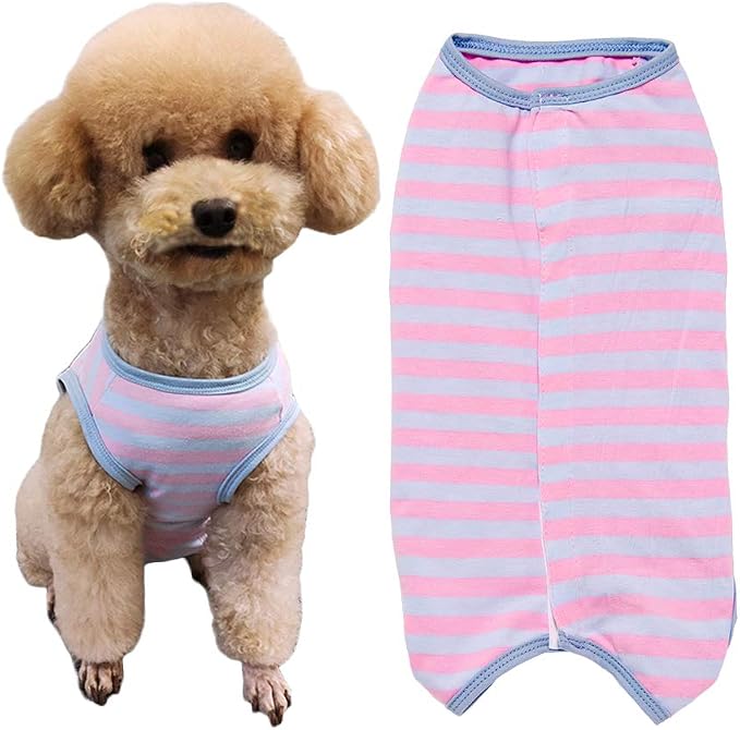 Dog’s Recovery Suit Post Surgery Shirt for Puppy, Wound Protective Clothes for Little Animals(Pink Blue Stripe-s)