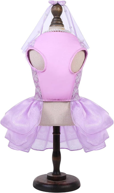 ASENKU Dog Dress, Dog Wedding Dress, Pet Lace Princess Dress with Bows for Wedding Birthday Party, Puppy Formal Apparel with Pearl Necklace for Small Dogs (Purple, Small)