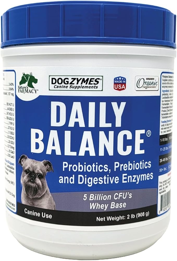 Daily Balance Canine Supplement by Nature’s Farmacy – Probiotics + Prebiotics + Digestive Enzymes – 5 Billion CFUs – Whey Base – 2 lbs (908 g)
