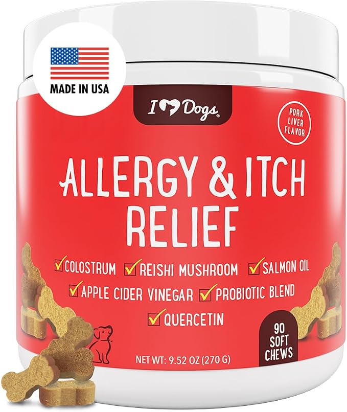 Allergy & Itch Relief for Dogs with Salmon Oil, Quercetin, Colostrum, Antioxidants and Probiotics - 90 Count