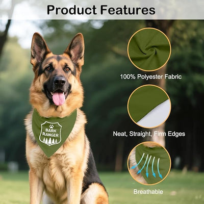 Bark Ranger Green Dog Bandana, Funny Gifts for Dog Lover Mom Dad, Puppy Scarf Photo Prop for Explore Outdoor Adventure Hiking Camping Mountain, Gifts for Ranger, Pet Scouts Bandana
