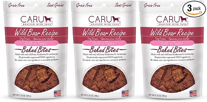 Caru - Soft n’ Tasty Baked Bites - Wild Boar Bites Dog Treats - Flavorful Training Treats - 3.75 oz Bags - Pack of 3