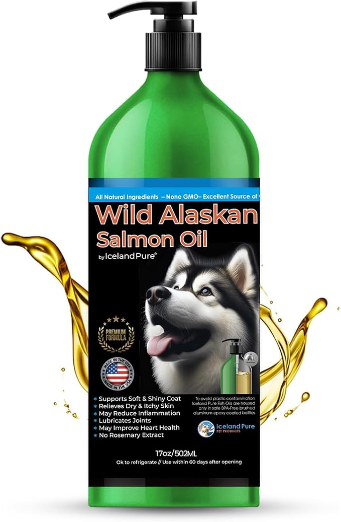 Wild Alaskan Salmon Oil for Dogs and Cats by | 1,043 mg of Omega-3 per Teaspoon | Salmon Oil & Pollock Blend | BPA-Free Brushed Aluminum Epoxy Coated Bottle with Pump - 17 oz