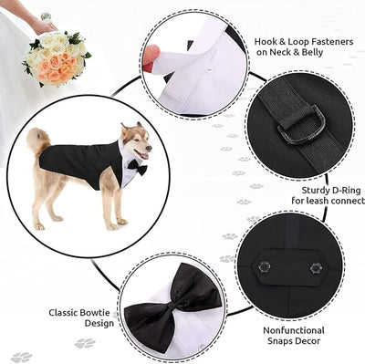 2 Pack Dog Tuxedo and Bandana Set, Pet Costume Formal Party Suit, Dog Clothes for Small Medium Large Dogs, Dog Prince Bow Tie Shirt Dog Wedding Attire for Golden Retriever (Stripes, Large)