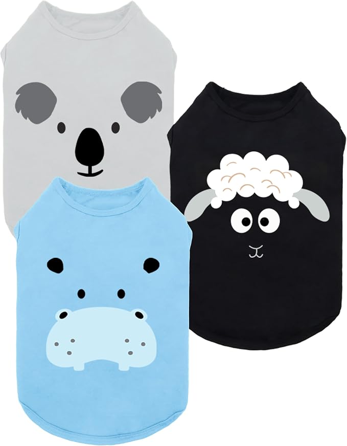 Fitwarm 3 Pack Hippo Sheep Koala Dog Shirt, Summer Clothes for Small Dogs Boy Girls, Funny Pet Outfit, Black, White, Gray, Blue, XL