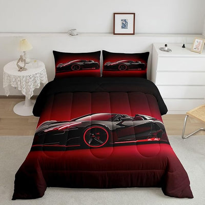 Erosebridal Race Car Comforter Set Twin Size, Boys Extreme Sports Bedding Set Racing Car Cool Speed Quilt for Kids Teens Adult Men Bedroom, Geometric Red Striped Duvet Insert with 1 Pillow Case