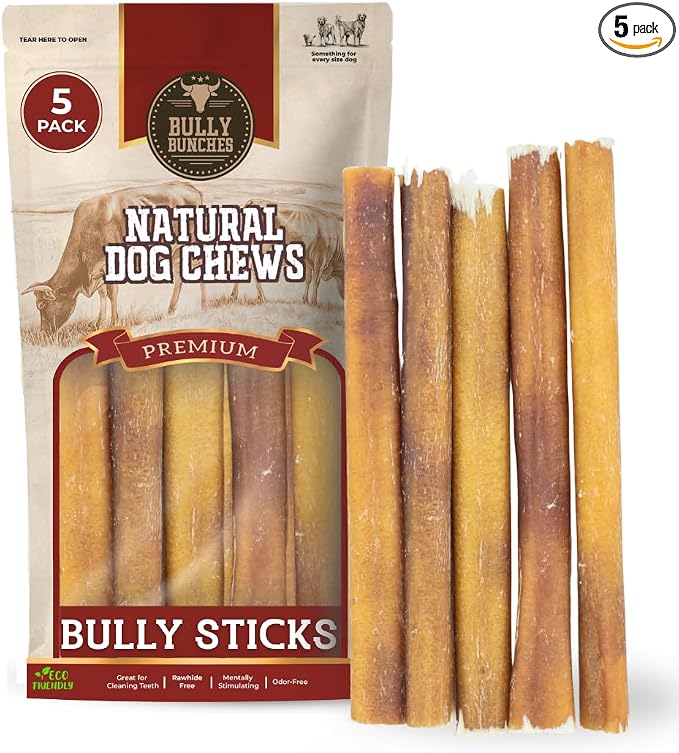 Premium (6" Standard - 5 Pack) Odor-Free Bully Sticks for Small to Medium Dogs & Puppies - Consistently Sized, Long Lasting Chews for Oral Care - All Natural, 100% Beef Dog Treats