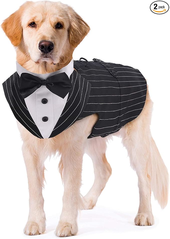 Dog Tuxedo Dog Suit and Bandana Set, Dogs Tuxedo Wedding Party Suit, Doggy Prince Bow Tie Shirt Formal Pet Wedding Attire for Large Medium and Small Dogs Golden Retriever Samo Bulldogs